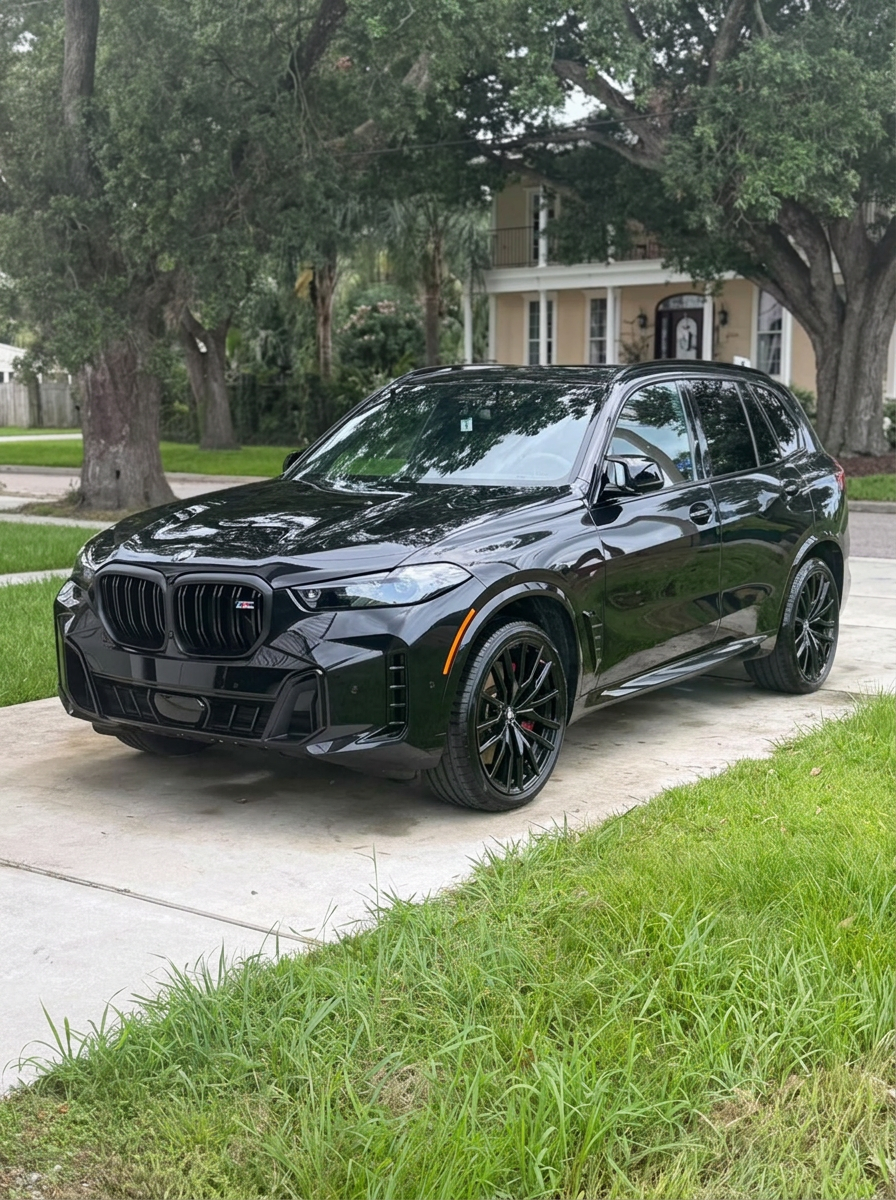 Glossy black BMW SUV parked on a driveway beneath oak trees