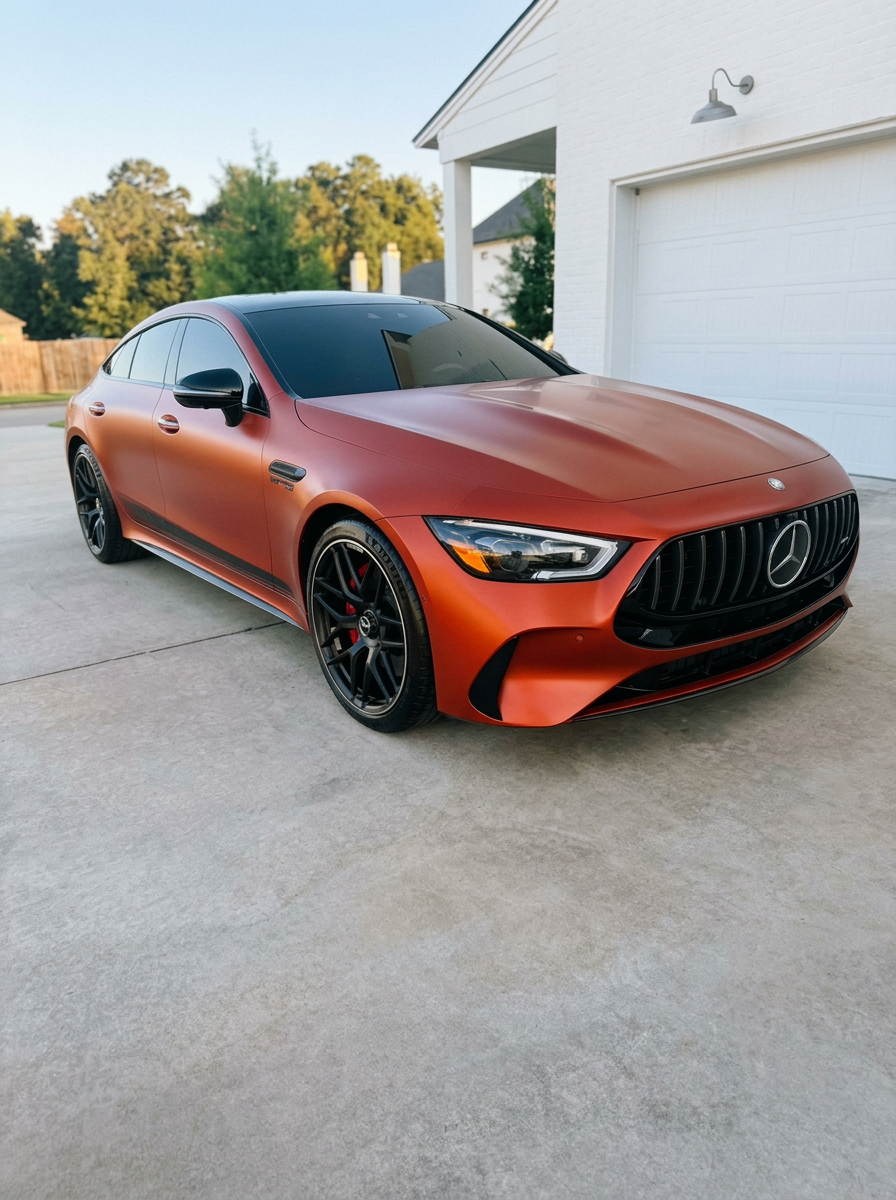 Red Mercedes-Benz AMG sedan detailed on a driveway beside a white garage